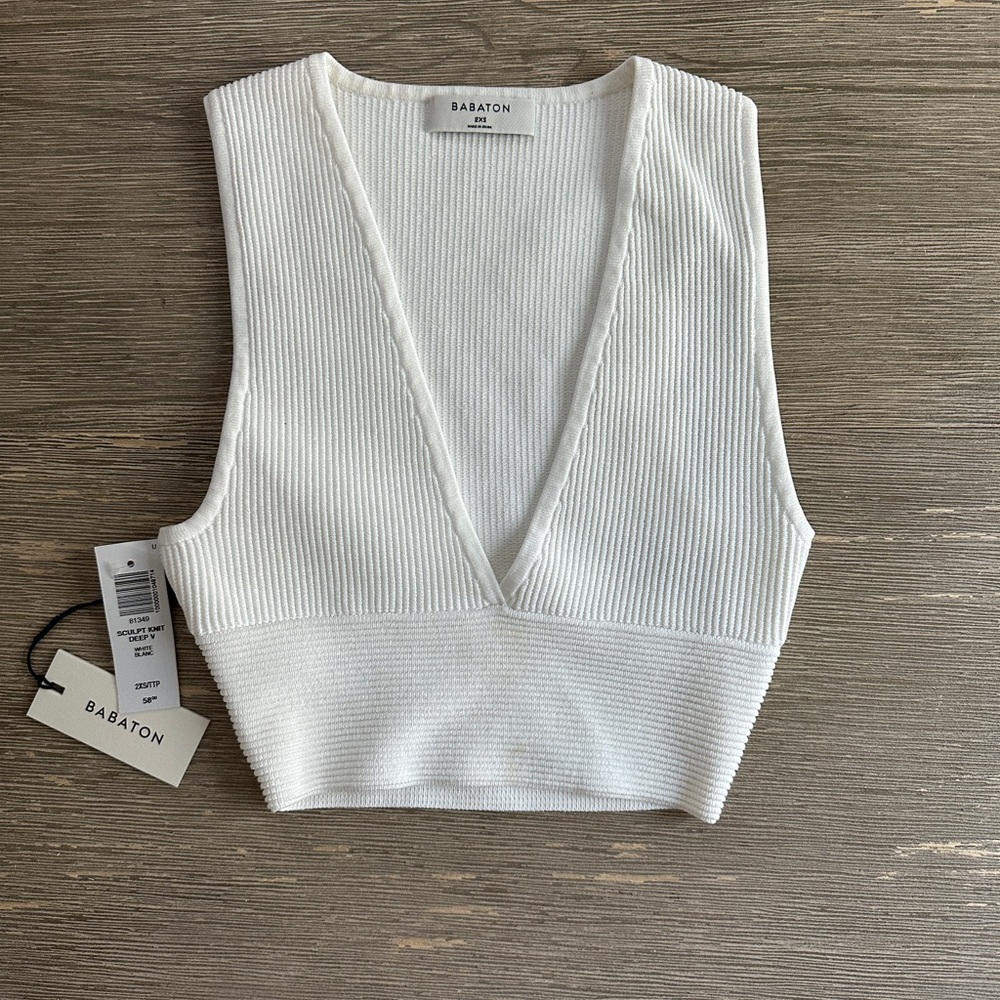Babaton white Ribbed V-Neck crop Top (damaged)